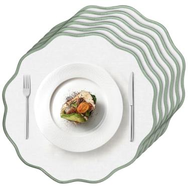 Imagem de Conjunto de 6 jogos americanos de linho recortado, 38 cm, verde claro e branco, tapetes de mesa de linho de algodão, feitos à mão, lavável na máquina, sem rugas, jogo americano para hotel, restaurante