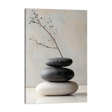 Imagem de Arte de parede em tela zen moderna - pintura de pedras pretas e brancas, decoração espiritual minimalista para ioga spa banheiro quarto esticado pronto para pendurar impressão em tela emoldurada (obra