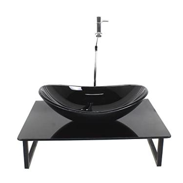 Imagem de KIT CUBA DE VIDRO OVAL 10MM COM TAMPO 50CM PRETO FULL E SUPORTE PRETO