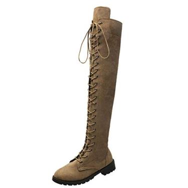 Imagem de Bigfanshu Botas femininas de inverno acima do joelho femininas sexy com cadarço frontal botas de outono salto quadrado plus size sapatos atléticos até o joelho para clima frio e botas de shearling, Cáqui, 6.5