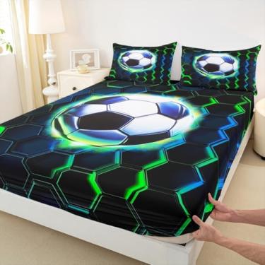 Imagem de Jogo de lençol solteiro de futebol infantil, bola de futebol, esportes, meninos, meninas, geométrico, colmeia hexagonal, decoração de quarto, preto e verde, 1 fronha (Sem plano)
