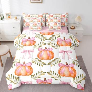 Imagem de Erosebridal Jogo de cama solteiro com laço de abóbora, laranja, rosa, 7 peças, para meninos, meninas, crianças, com lençol de cima e lençol com elástico, estilo princesa sonhadora