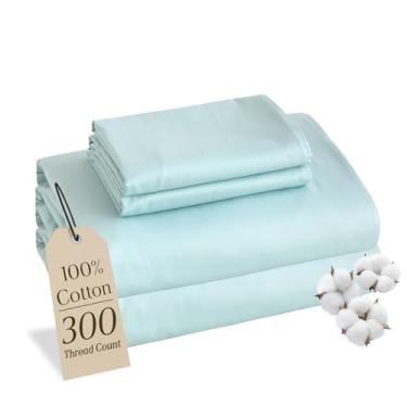 Imagem de MCO Jogo de lençol 100% algodão, 300 fios de algodão, bolso profundo de 40,6 cm, lençóis de resfriamento respiráveis, 4 peças (completo, azul)