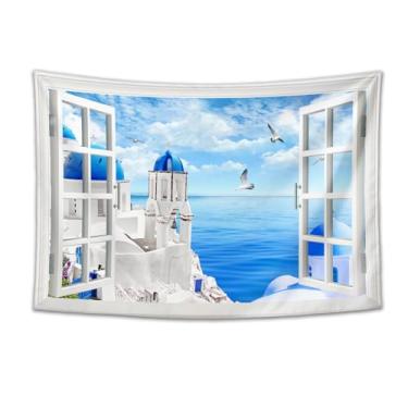 Imagem de Tapeçaria com vista de janela, Mar Egeu, Grécia Santorini | Criatividade, estética natural, cenário para decoração de quarto, sala de estar e dormitório | Poliéster leve premium 150 x 99 cm