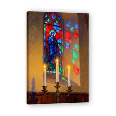 Imagem de Janela manchada luz de velas impressão artística de Natal, aquarela pincel traçado tela decoração de férias 80 x 120 cm emoldurada