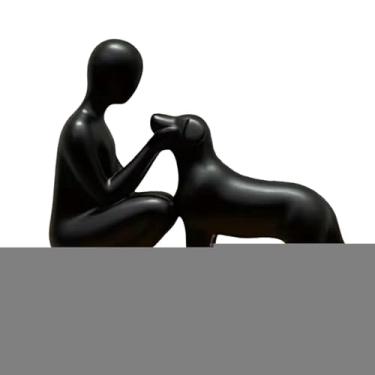 Imagem de IEUDNS Estátua de homem e cachorro, escultura de cachorro humano, artesanato em resina, enfeite de mesa para quarto, apartamento, entrada, lareira, decoração, Preto