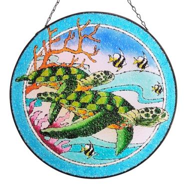 Imagem de POXOHO Janela de vitral pintada à mão, painel de vidro apanhador de sol de tartaruga marinha de 30 cm com corrente, presente para quarto e sala de estar