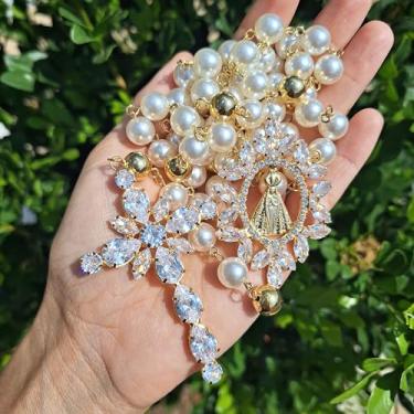 Imagem de Terço de Noiva Luxuoso com Zircônias e Pérolas, Banho de Ouro Dourado, Nossa Senhora Aparecida