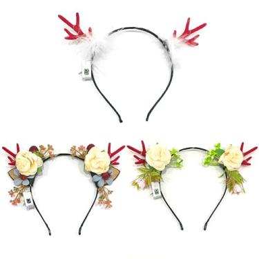 Imagem de miniluck Tiara de chifres de rena com orelhas de veado para crianças, 3 peças de faixas de cabeça de Natal para mulheres e meninas para adultos, acessórios de cabelo de férias (policromática)