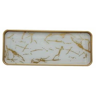 Imagem de Bandeja Decorativa de Vidro com Efeito Mármore Branco Retangular Multiuso – Organização e Decoração para Banheiro Escritório e Sala