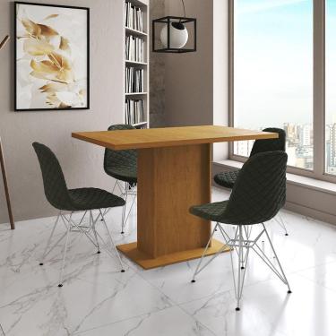 Imagem de Mesa Jantar Londres Tampo Canela 120Cm 4 Cadeiras Ferro Branco Estofado Verde