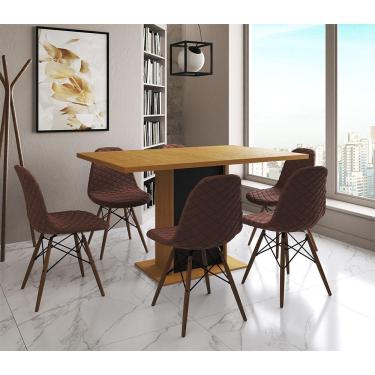 Imagem de Mesa Jantar Londres Retangular Canela 137X90 Base Preta 6 Cadeiras Estofadas Caramelo Madeira