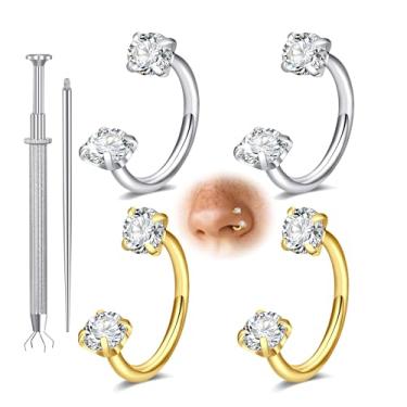 Imagem de Brinco de cartilagem prata ouro hélice tragus argolas 20 g ferradura anel de nariz para mulheres anel de nariz duplo gema cavalo sapato aro aro aço cirúrgico pequeno anéis de septo 20 g, 20g 8mm, Aço