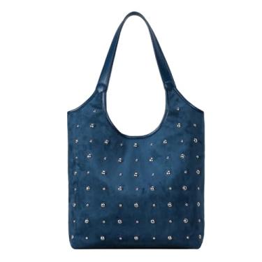 Imagem de OWGSEE Sacolas femininas de palha, bolsas de palha de verão e bolsas de mão de ráfia de tecido de ombro com bolsa de moedas, B - azul, Medium