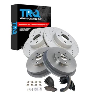 Imagem de TRQ Pastilha de freio dianteiro e traseiro e rotor, kit de sapata e tambor Desempenho semi-metálico revestido com G premium compatível com Subaru Forester 1998-2002