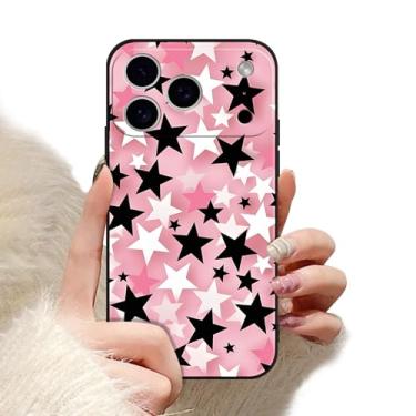 Imagem de Vulfwela Capa de telefone para iPhone 17 Pro Max de 16,9 cm, linda estampa de estrelas pretas e rosas, capa protetora de TPU de silicone resistente para idosos com design de estrela Y2K antiarranhões