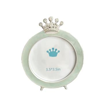 Imagem de IELEPHONIX Mini moldura redonda esmaltada verde de 9 x 9 cm, borda de metal prata de strass, coroa, 1 imagem aleatória (verde)
