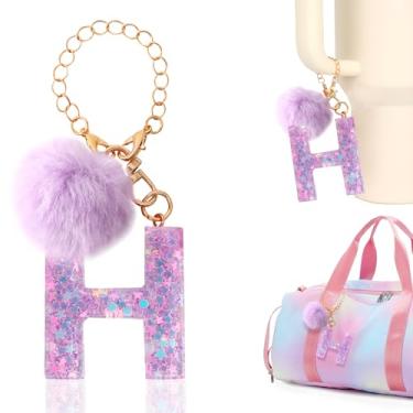Imagem de Rabrgab Chaveiro com letra inicial pingente para copo Stanley com alça de copo, mochila feminina para meninas, bolsa de mão, acessórios para bolsa Bogg roxo Pompom H