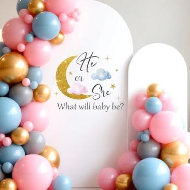 Imagem de Decorações reveladoras de gênero "He Or She - TrinhGuo He Or She What Will Baby Be", decalque para fundo de arco de balão, decoração de festa temática de lua de nuvem, decalque para festa de revelação