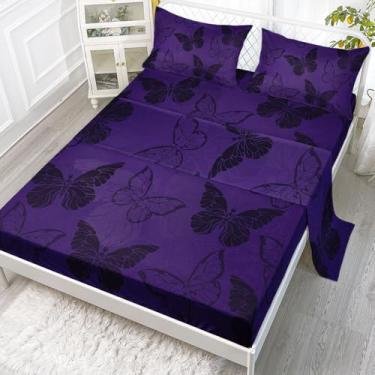 Imagem de Smell Sunshine Jogo de lençol Queen com estampa de borboleta preta vazada, 4 peças, para adolescentes, meninos, meninas, com 1 lençol de cima e 1 lençol com elástico + 2 fronhas