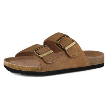 Imagem de mysoft Sandália rasteira feminina de cortiça com 2 tiras com fivela ajustável para o verão com sapatos confortáveis, Caramel, 37