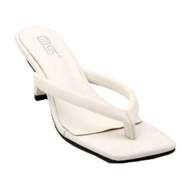 Imagem de Tokouk Chinelo feminino sexy gatinho de salto alto mula, de couro, com tiras, bico aberto, confortável, para o verão, sem cadarço, stiletto para vestido de festa, trabalho de casamento, Branco, 37