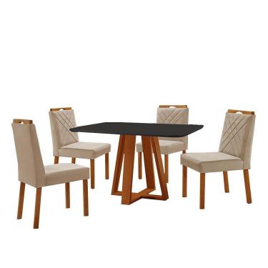 Imagem de Conjunto Sala De Jantar Mesa Floripa 120x80cm Preto Com 4 Cadeiras Dallas Veludo Bege
