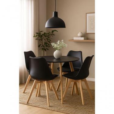 Imagem de Conjunto Leda Mesa Redonda 100cm Com 4 Cadeiras Estofadas – Madeira Maciça E Estilo Moderno