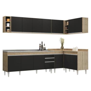 Imagem de Armário De Cozinha Modulado De Canto 7 Peças Cp36 Com Pia Inox Castanho/preto - Lumil