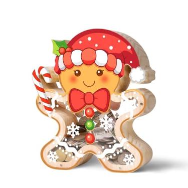 Imagem de Uniwooder Cofrinho de Natal de madeira para crianças, cofrinho de gengibre para meninos e meninas, caixa de dinheiro inquebrável com adesivo de carta, grande pote de moedas para decoração de Natal em