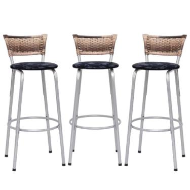 Imagem de Banqueta Altas Junco Cappuccino Estrutura Prata 70cm Para Balcão Cozinha, Bar, Bistrô, Americano Kit 03 Unidades - Itagold (Floral Preto)