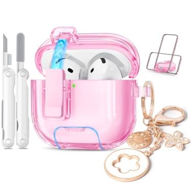 Imagem de Joremx Capa transparente para Airpods 4, capa transparente de TPU macio para Apple Airpods 4ª geração (2024) com kit de limpeza trava e chaveiro brilhante, função de suporte de telefone (rosa)