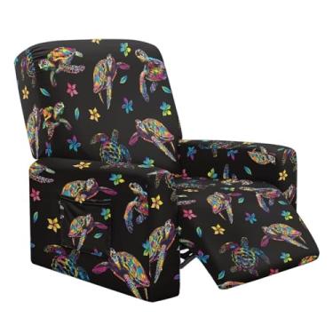 Imagem de Cadowhimsy Capa reclinável elástica Frangipani estampa floral tartaruga única capa reclinável com bolso para cadeira reclinável Lazyboy, 4 peças, protetor de móveis para sala de estar