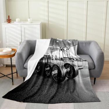 Imagem de Cobertor de flanela infantil para halterofilismo, halteres, ferramentas de exercício, cobertor de cama para meninos e homens, sala de ginástica, esportes, jogos, cobertor de lã, preto felpudo, tamanho