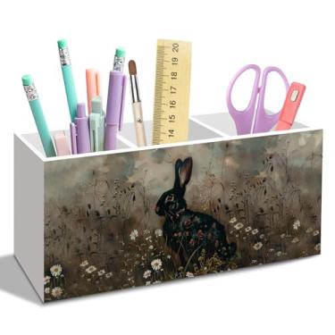 Imagem de nvucamd Porta-lápis de coelho preto para mesa, presentes para amantes de coelhinhos bruxos, acessórios de mesa de escritório, porta-canetas de coelho de fazenda, organizador para casa, escritório
