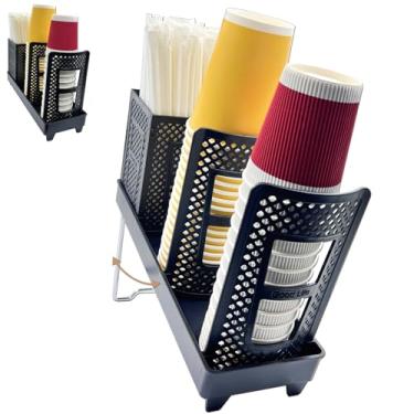 Imagem de CIT ZCFYU Suporte de copo de café, dispensador de copo de papel e tampa com organizador de palha, dispensador de copo de café de plástico descartável vertical com 3 compartimentos para estações