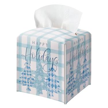 Imagem de Capa de caixa de Natal quadrada, suporte de caixa de lenços decorativa de árvore de Natal quadriculada azul, dispensador de caixas de lenços de couro à prova d'água para banheiro, quarto, mesa de