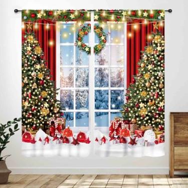 Imagem de Cortinas de Natal, floco de neve de inverno, ramos de pinheiro, verde, cena de neve, feliz ano novo, cortinas de janela vermelhas, tratamento para quarto, sala de estar, banheiro, cozinha, 2 painéis