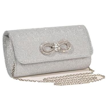 Imagem de Bolsa de jantar chique com listras de diamante, laço duplo, cor doce, bolsa clutch elegante, bolsa tiracolo, Prata