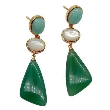 Imagem de Brincos geométricos naturais de pedra verde peruana amazonita branca banhado a ouro estilo vintage para mulheres