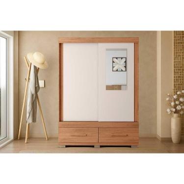 Imagem de Guarda Roupa Solteiro 2 Portas De Correr (1 C/ Espelho) E 2 Gavetas Sereno Freijo/off White - Caemmun