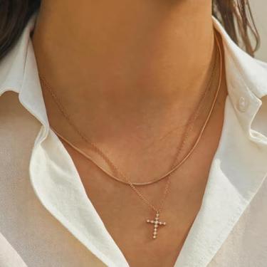 Imagem de Colar feminino com pingente de cruz de camada dupla, colar de corrente de cobra em camadas douradas, gargantilha minimalista Faith