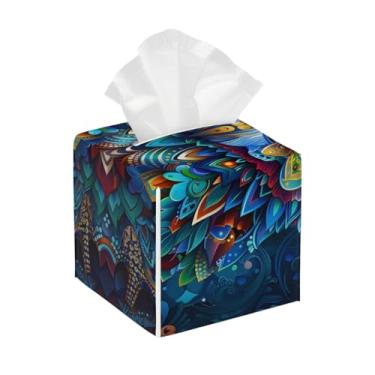 Imagem de Porta-lenços de couro quadrado impermeável animal coruja boho psicodélico facial organizador de papel com cinto inferior cubo estojo de lenços para mesa, banheiro, escritório, mesa, carro, decorativo