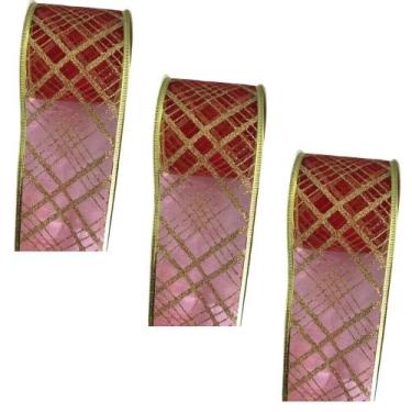 Imagem de Jogo Com 3 Rolos de Fitas Natalinas Vermelhas Com Xadrez Glitter Doura