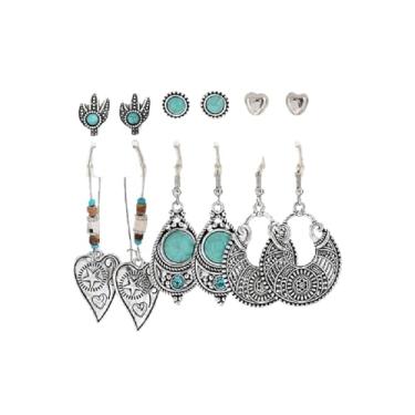 Imagem de Conjunto de brincos vintage boêmios, boêmio, turquesa, retrô, estrela, strass, pingente, brincos de pingente, presentes para mulheres, Liga de aço, Sem pedra preciosa