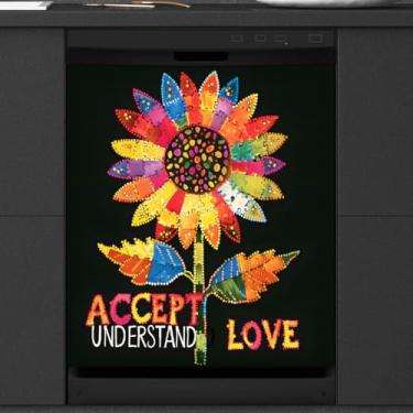 Imagem de Capa de ímã para lava-louças, girassol, flor de autismo, capas magnéticas para decoração de lava-louças, capa magnética para porta de lava-louças, decalque para cozinha, eletrodomésticos, 58 x 66 cm