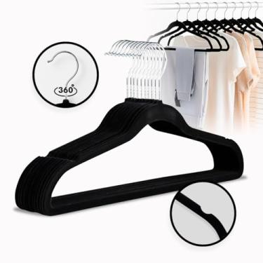Imagem de Kit 10 Cabides de Roupas em Veludo Preto Slim Antideslizante Ultrafino Gancho Giratório