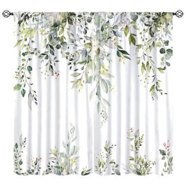Imagem de Cortinas de folhas de eucalipto primavera flor verde aquarela botânica fazenda padrão arte impressão cortinas de janela para quarto sala de estar cozinha café (L50 x C 114 cm) x 2 decoração