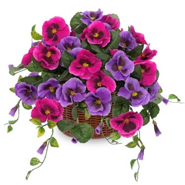 Imagem de Briful Cesta de flores artificiais de amor-perfeito, roxo sintético de 29 cm e fúcsia em cesta de vime, planta suspensa falsa para varanda interna e externa, varanda, decoração de casa primavera verão