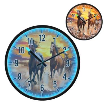 Imagem de Blueangle Relógio de parede com luz noturna LED ativado por voz que brilha no escuro, silencioso, 30 cm, vermelho, laranja, marrom, cavalos, design operado por bateria para decoração de quarto e sala